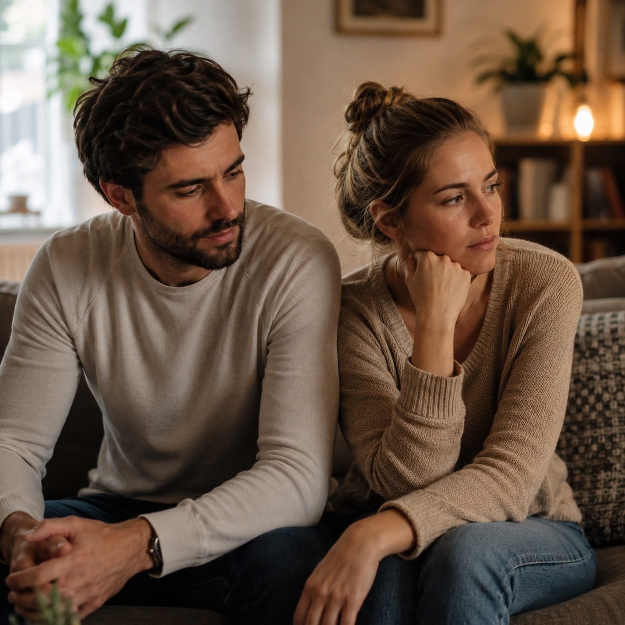 4 Ways ROCD Affects Your Relationship and How to Cope 4 Ways ROCD Affects Your Relationship and How to Cope. A couple sitting close together on a sofa but looking away from each other, illustrating the quiet emotional strain of Relationship OCD.