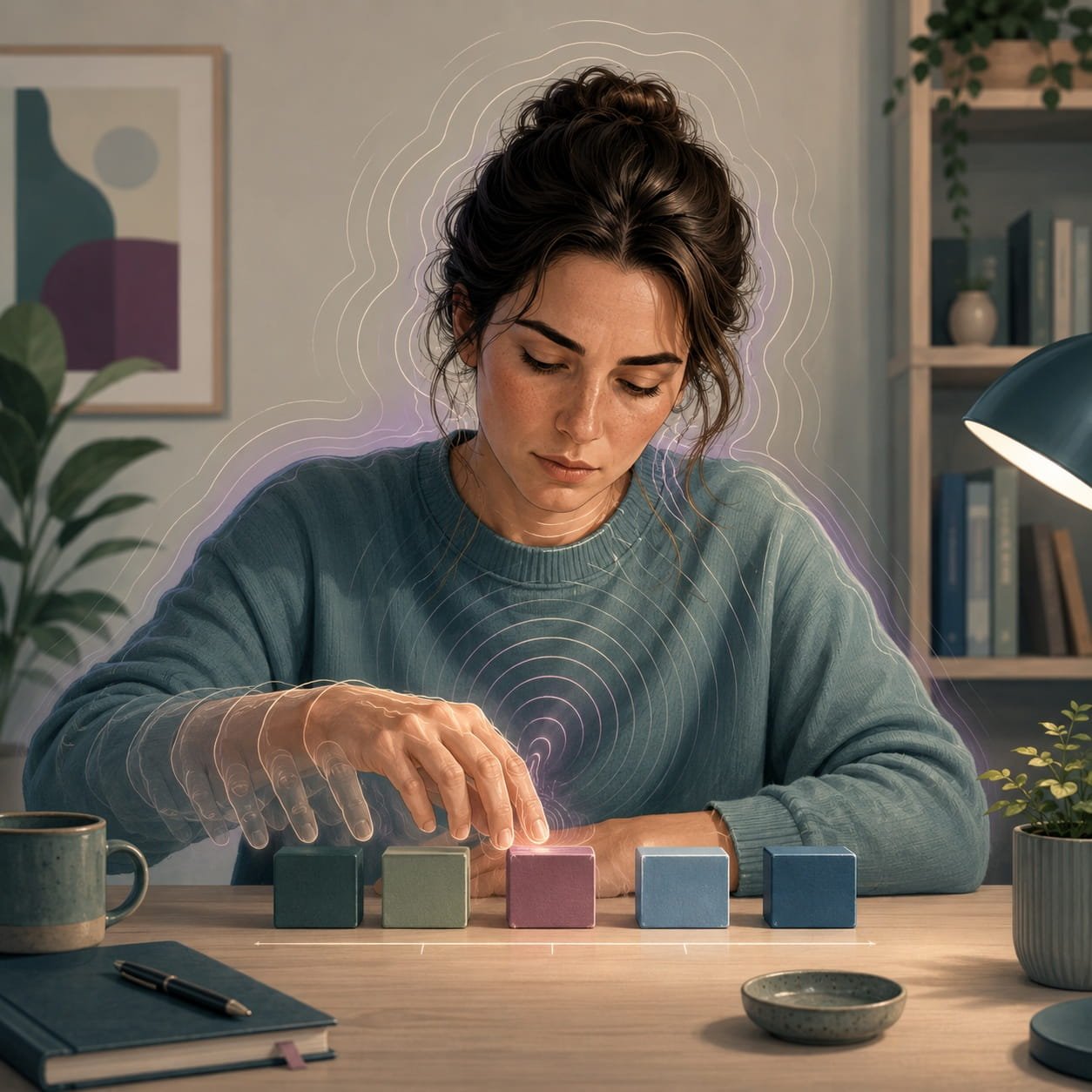 Understanding Sensory Phenomena in OCD: When Compulsions Aren't About Fear. A person carefully aligns coloured blocks on a desk while soft ripple-like lines around their body and hands suggest internal tension, sensory urges, and the need for things to feel “just right”.