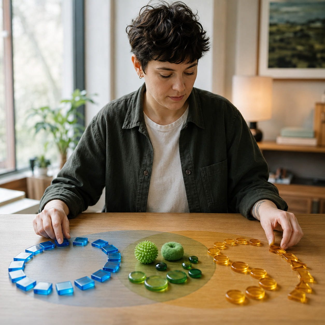 When OCD Overlaps with Autism and ADHD: Adapting ERP for the Neurodivergent Brain. Person thoughtfully arranging overlapping blue, green and amber objects, symbolising the different functions of repetitive behaviours in OCD, autism and ADHD.