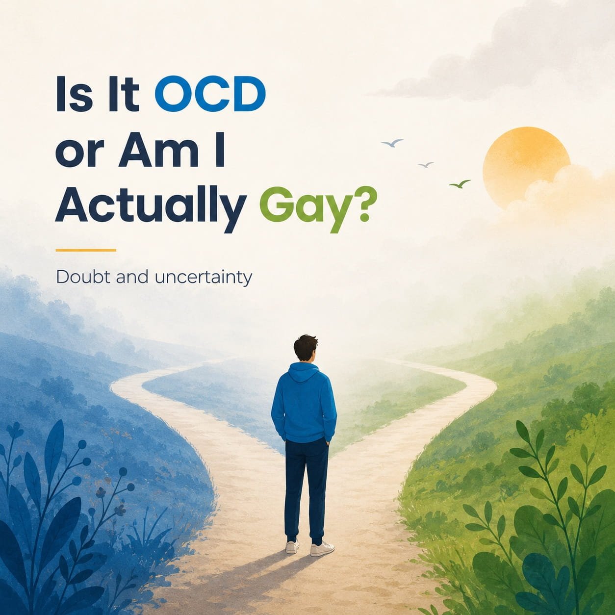 Is It OCD or Am I Actually Gay? 5 Signs Therapists Miss. A calm abstract illustration of a person standing at a foggy fork in the path, symbolising doubt, uncertainty, and the looping fear of “Is it OCD or am I actually gay?”