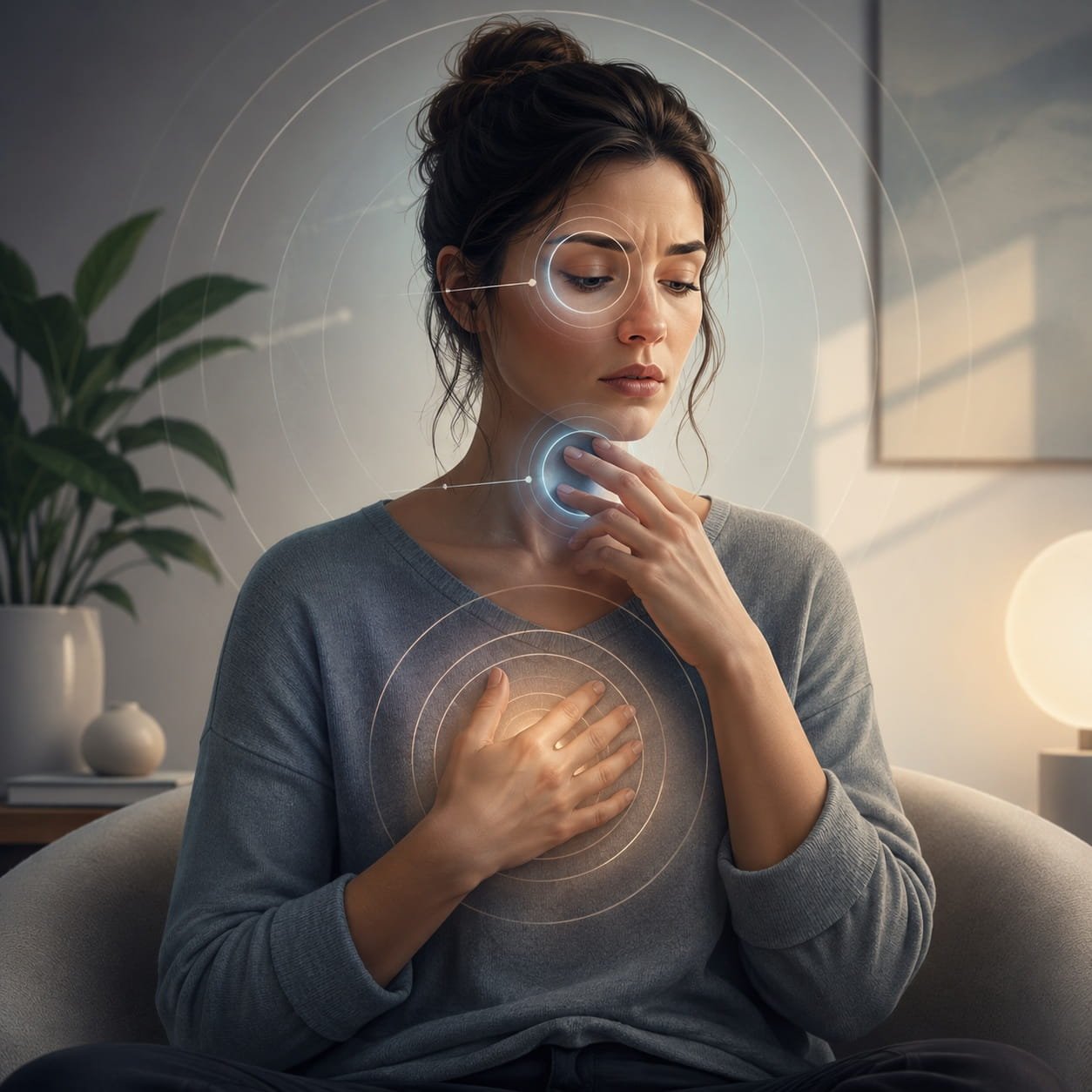 Sensorimotor OCD: When You Can't Stop Noticing Your Body. A person sitting calmly indoors, with subtle glowing focus rings highlighting the eyes, throat and chest to represent hyperawareness of blinking, swallowing and breathing in sensorimotor OCD.
