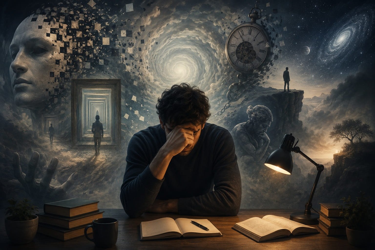 Existential OCD: The Questions With No Answers. A distressed man at a desk surrounded by surreal symbols of reality, time, identity and existential uncertainty.