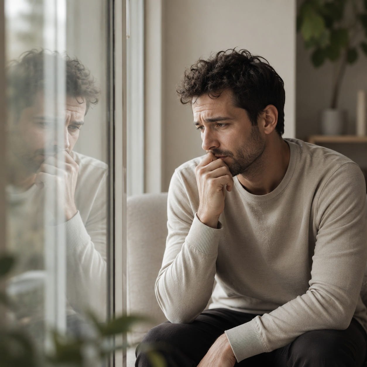 “What If I’m Bad?” Understanding Feared Self OCD, Guilt and Shame "What If I'm Bad?" Understanding Feared Self OCD, Guilt and Shame. A thoughtful man sitting beside a window, looking worried as his reflection appears in the glass, representing self-doubt, guilt and feared self OCD.