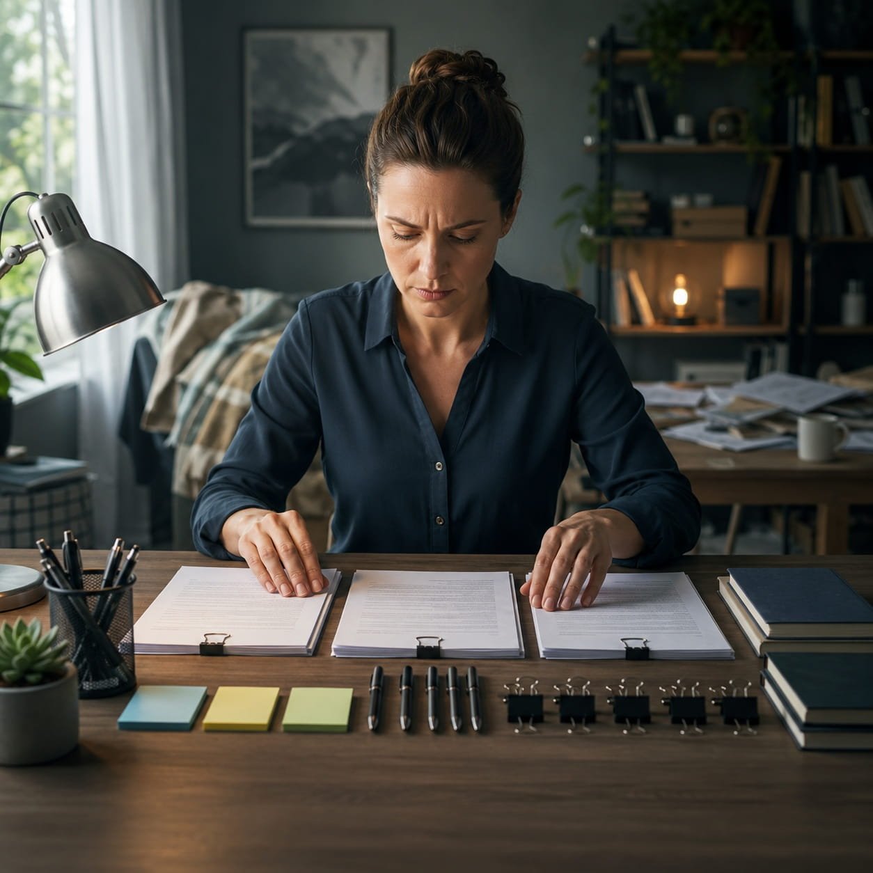 Obsessive Compulsive Personality Disorder: What Clinicians Should Know About OCPD Treatment Obsessive Compulsive Personality Disorder: What Clinicians Should Know About OCPD Treatment. A woman with a tense, focused expression carefully aligns documents, pens and office supplies on a desk, illustrating perfectionism, rigidity and the need for control associated with obsessive-compulsive personality disorder.