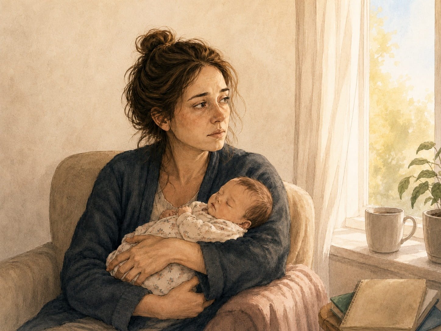 Perinatal and Postpartum OCD: When the Intrusive Thoughts Are About Your Baby Perinatal and Postpartum OCD: When the Intrusive Thoughts Are About Your Baby. A tired, thoughtful parent holding a sleeping newborn beside a sunlit window, illustrating the emotional experience of perinatal and postpartum OCD.