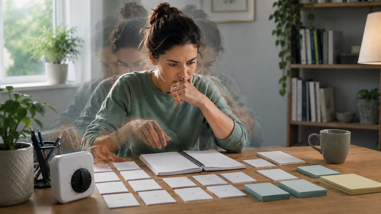When Treatment Is the Ritual: Keeping ERP Effective When OCD Latches On When Treatment Is the Ritual: Keeping ERP Effective When OCD Latches On. A woman repeatedly checks neatly arranged ERP notes and a timer at a desk, illustrating how OCD can turn treatment into a ritual.