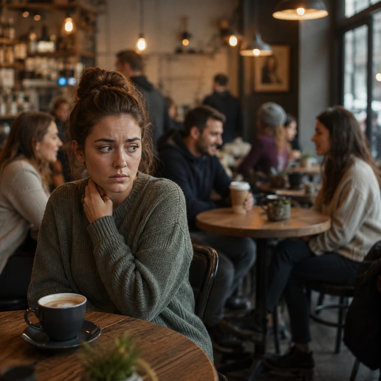 Compulsive Staring OCD: What Is the Intrusive Urge to Stare? Person sitting in a busy café and looking away with visible unease, illustrating compulsive staring OCD and anxiety about looking at other people.