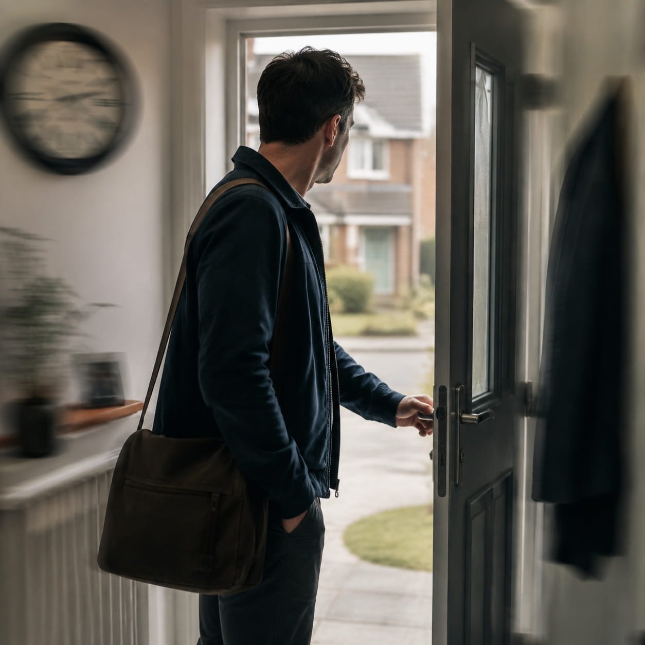 Why Does Everything Feel So Urgent? Understanding OCD False Urgency Why Does Everything Feel So Urgent? Understanding OCD False Urgency. Person pausing at an open front door with their hand on the handle, illustrating OCD false urgency and the pressure to act immediately.