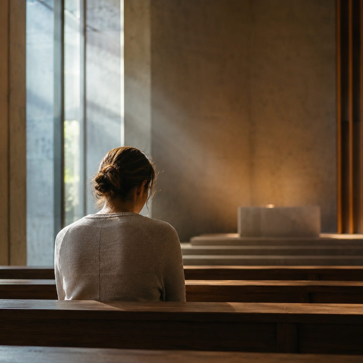 OCD Religious Scrupulosity: 7 Shifts to Loosen Its Grip on Your Faith.A person sitting quietly in a softly lit place of worship, illustrating religious scrupulosity, intrusive doubt and the tension between faith and OCD.