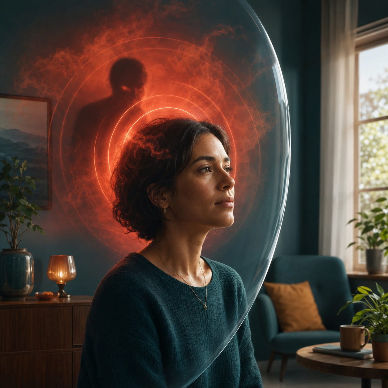 Why Does OCD Feel So Real? A woman sits calmly in a safe room while a glowing red alarm and shadow behind her symbolise how OCD can make an imagined threat feel real.