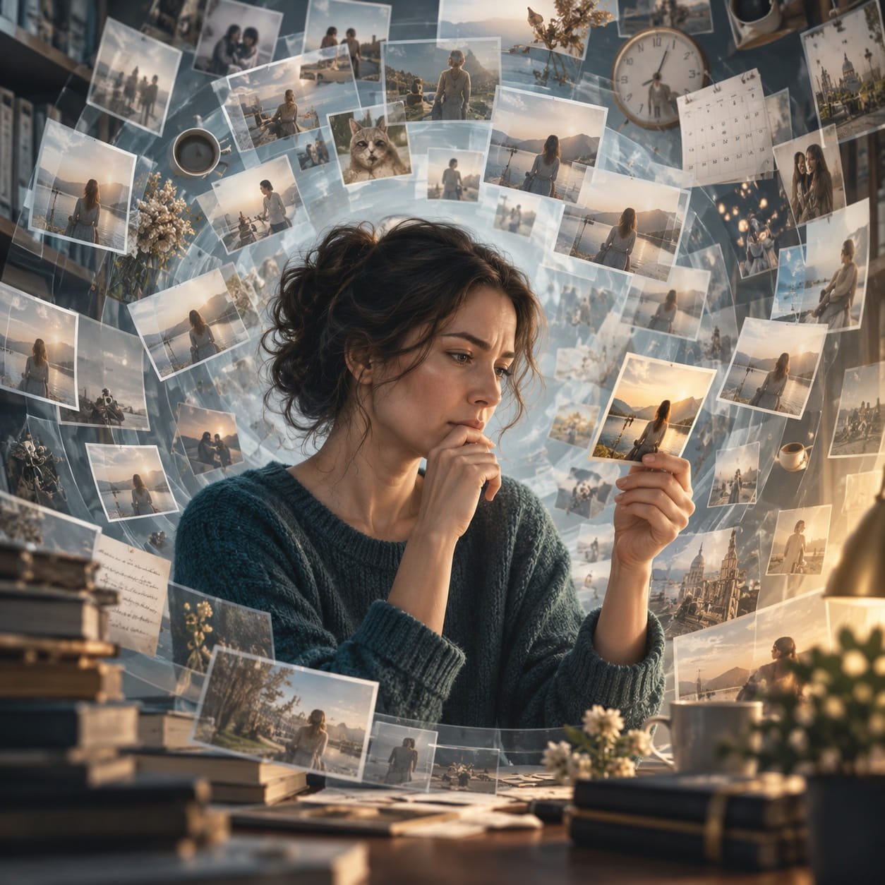 Memory Hoarding OCD: The Compulsion to Remember Everything Perfectly. Woman examining a photograph while surrounded by repeated memory fragments, representing memory hoarding OCD.