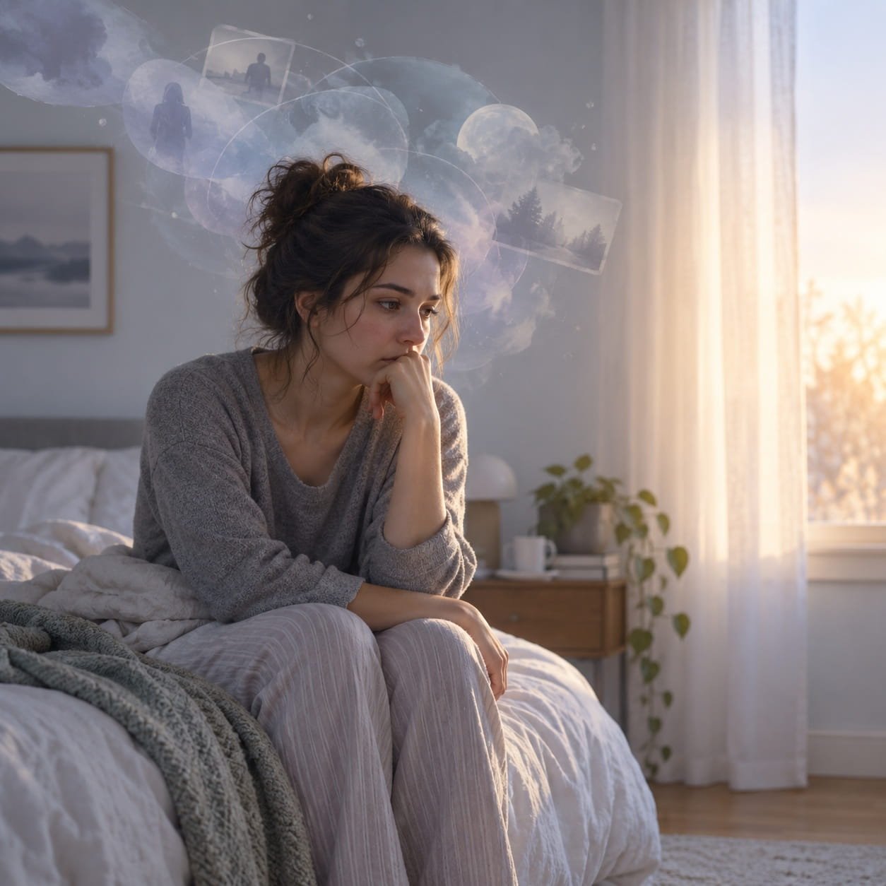 OCD Dreams: 5 Truths About Dream Guilt That Bring Relief. Person sitting on the edge of a bed at dawn feeling distressed after an OCD dream, with dream-like thoughts lingering in the background.